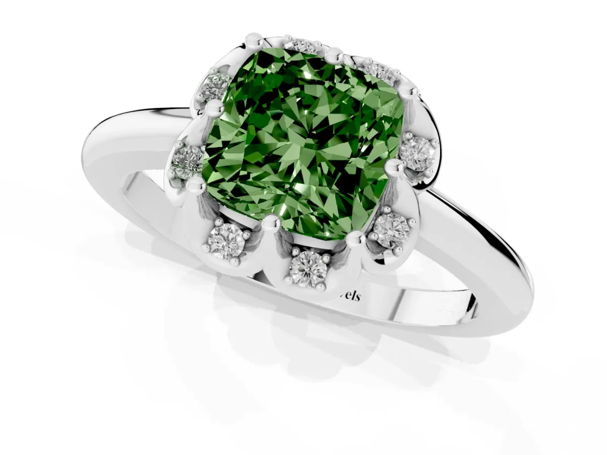 Fancy Green Cushion Cut Halo Diamond Ring with Round Cluster Setting, Solitaire Band, and Four-Prong Setting Silver