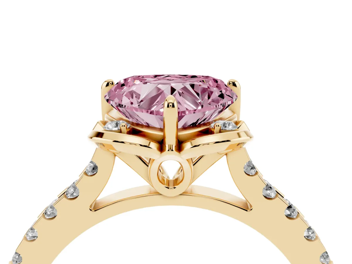Fancy Pink Heart Cut Diamond Ring with Pavé Band and Floral Prong Setting Yellow gold