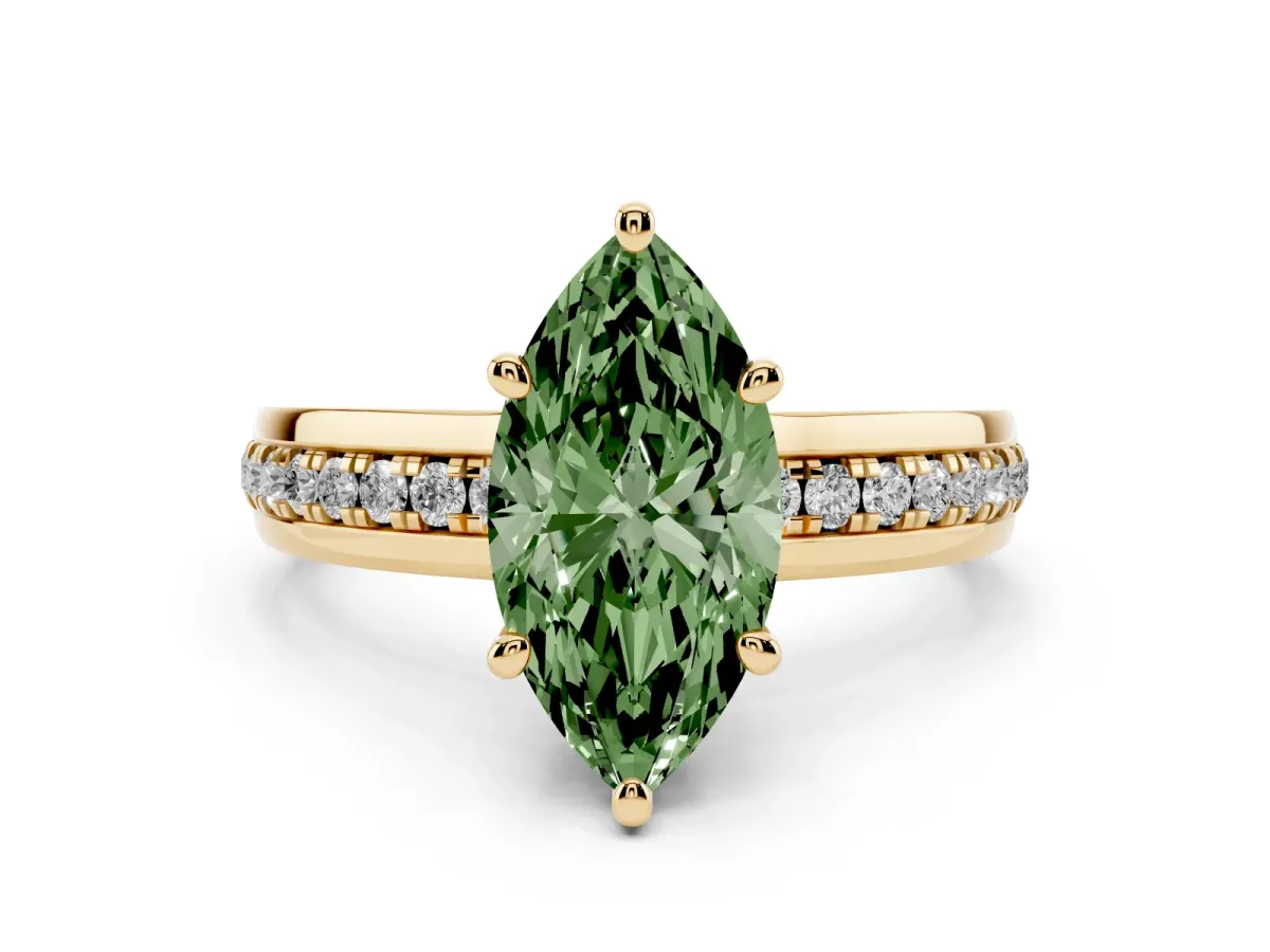 Fancy Green Marquise Cut Solitaire Diamond Ring with Channel Set Band and Six-Prong Setting Yellow gold