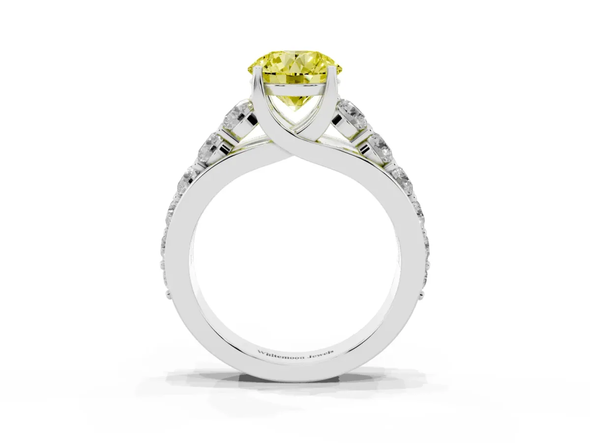 Fancy Yellow Round Cut Diamond Engagement Ring with Pavé Band and Four-Prong Setting Platinum