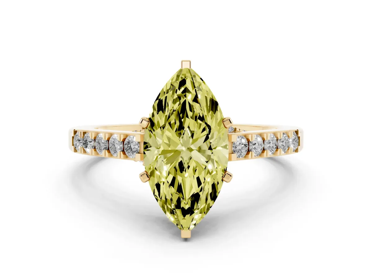 Fancy Yellow Marquise Cut Diamond Solitaire Ring with Crossover Gallery and Round Pavé Band Yellow gold
