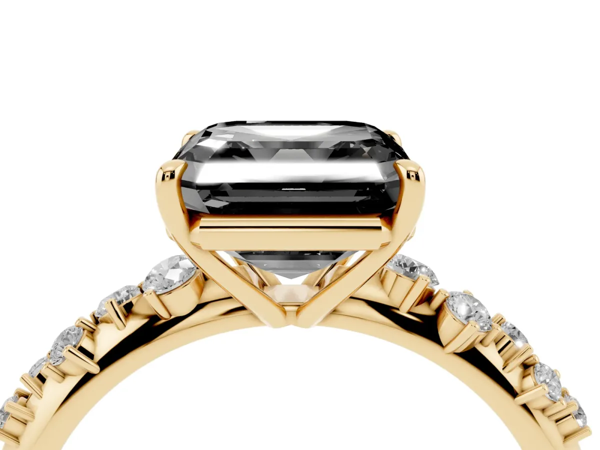 Fancy Black Asscher Cut Diamond Cluster Side Stone Solitaire Ring with Prong Setting Yellow gold