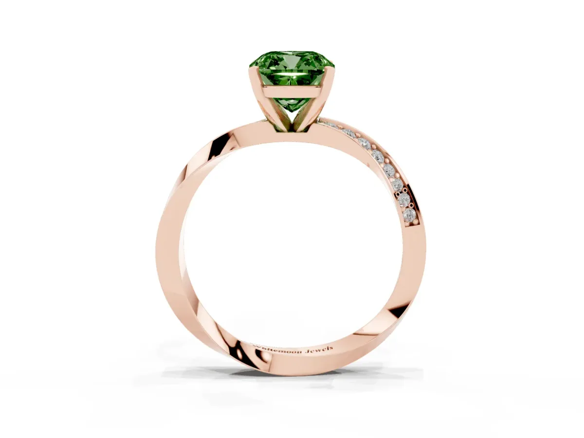 Fancy Green Cushion Cut Diamond Engagement Ring with Side Stone Accents and Four-Prong Setting Rose gold