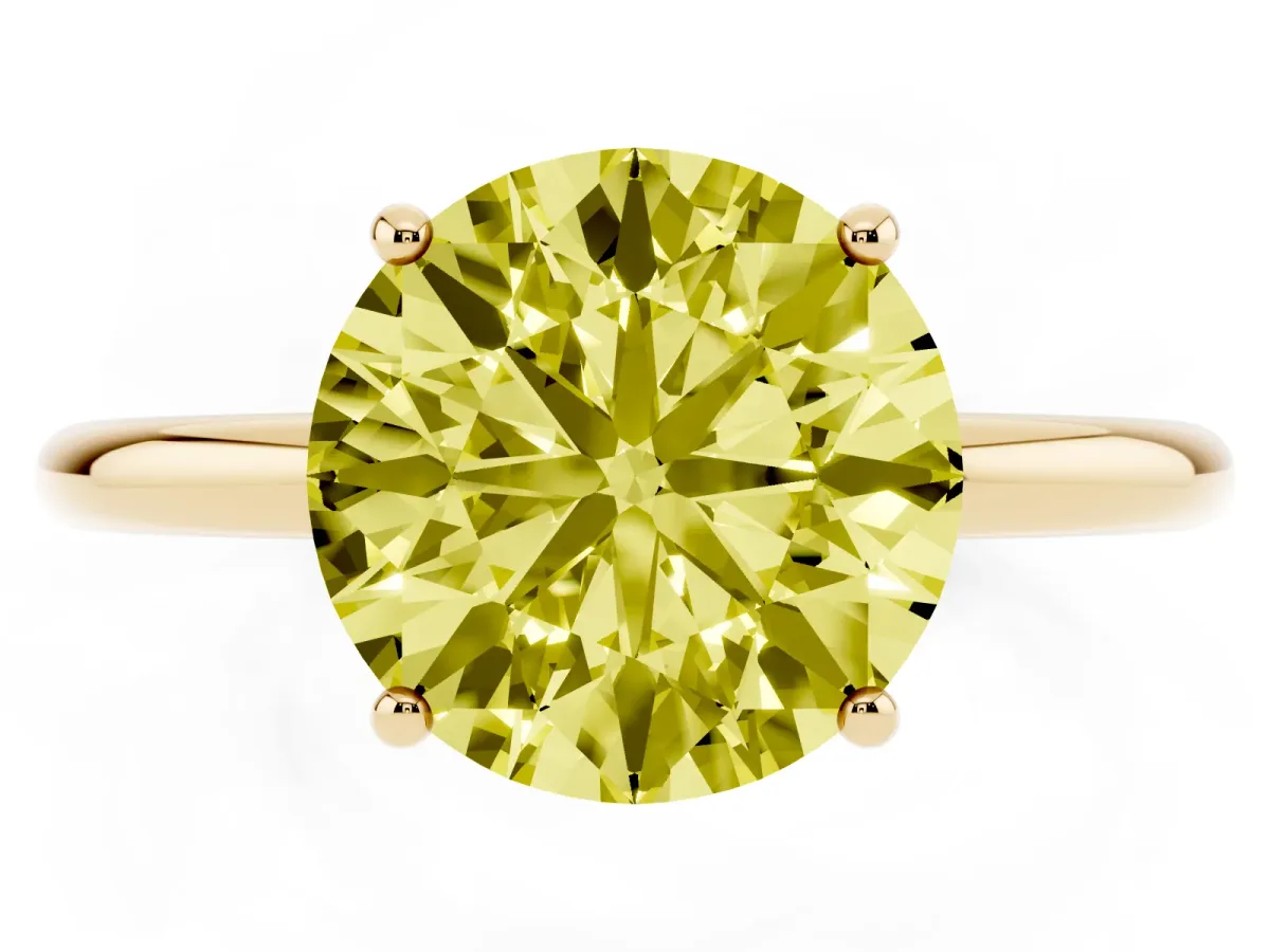 Fancy Yellow Round Cut Solitaire Diamond Ring with a Classic Band and Four-Prong Setting Yellow gold