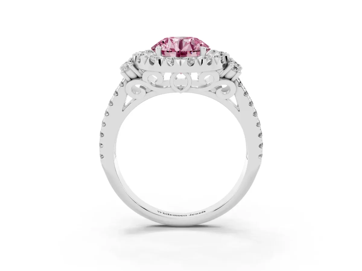 Fancy Pink Round Cut Cut Double Halo Diamond Engagement Ring with Pave Band and Four-Prong Setting Platinum