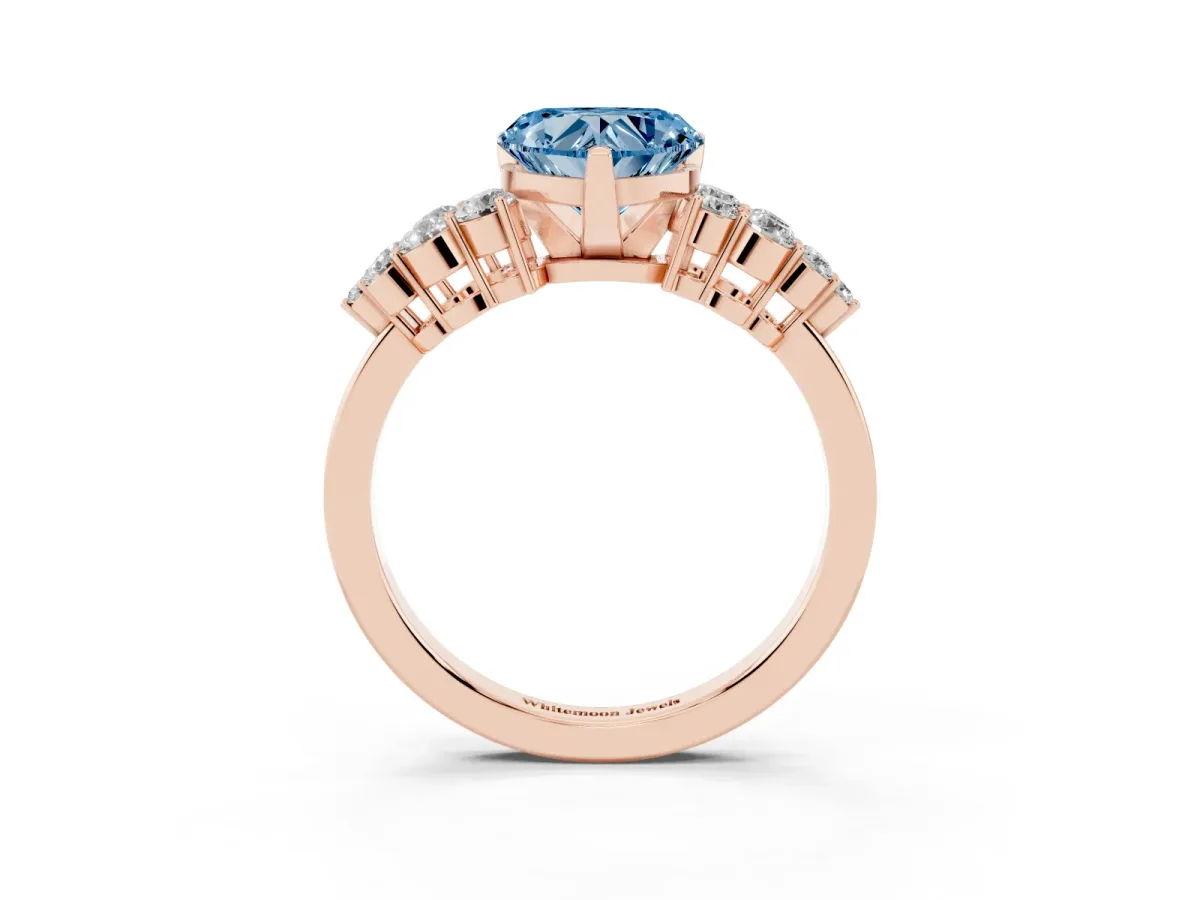 Fancy Blue Heart Cut Cluster Diamond Engagement Ring with Pavé Band and Four-Prong Setting Rose gold
