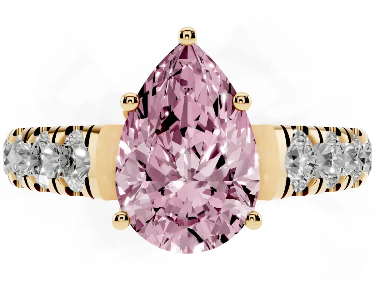 Fancy Pink Pear Cut Cut Diamond Solitaire Ring with Micro Pave Band and Prong Setting Yellow gold