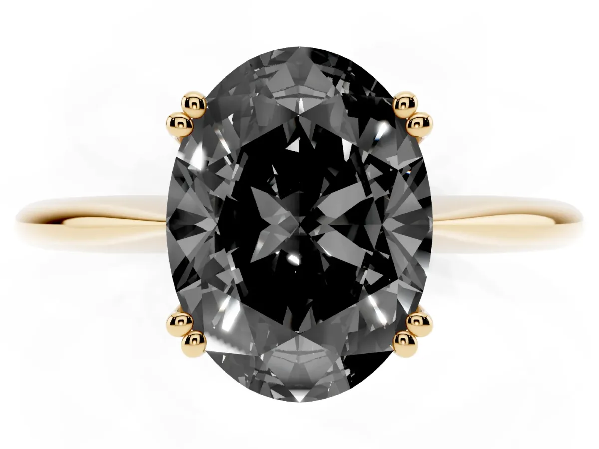 Fancy Black Oval Cut Solitaire Diamond Ring with Six-Prong Setting and Classic Band Yellow gold