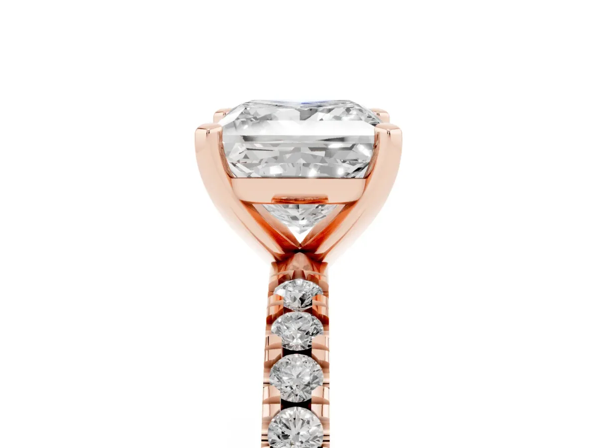 Princess Cut Diamond Pavé Band Solitaire with Four-Prong Setting Rose gold