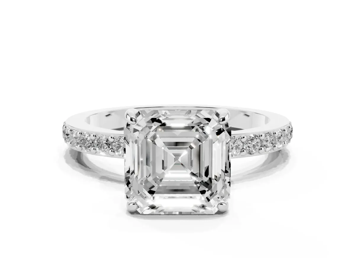 Asscher Cut Diamond Pavé Engagement Ring with Round Accents and Prong Setting Silver