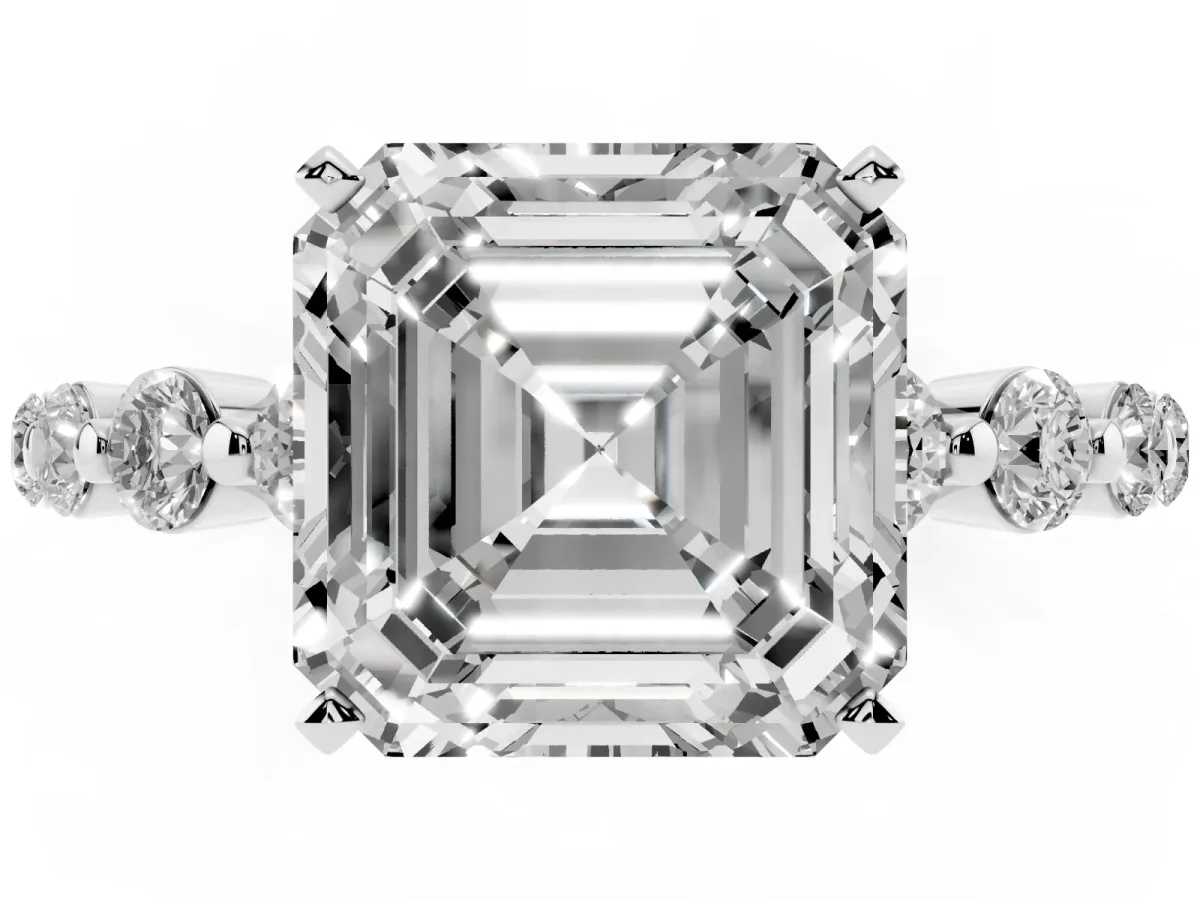 Asscher Cut Solitaire Diamond Ring with Pave Band and Four-Prong Setting Silver