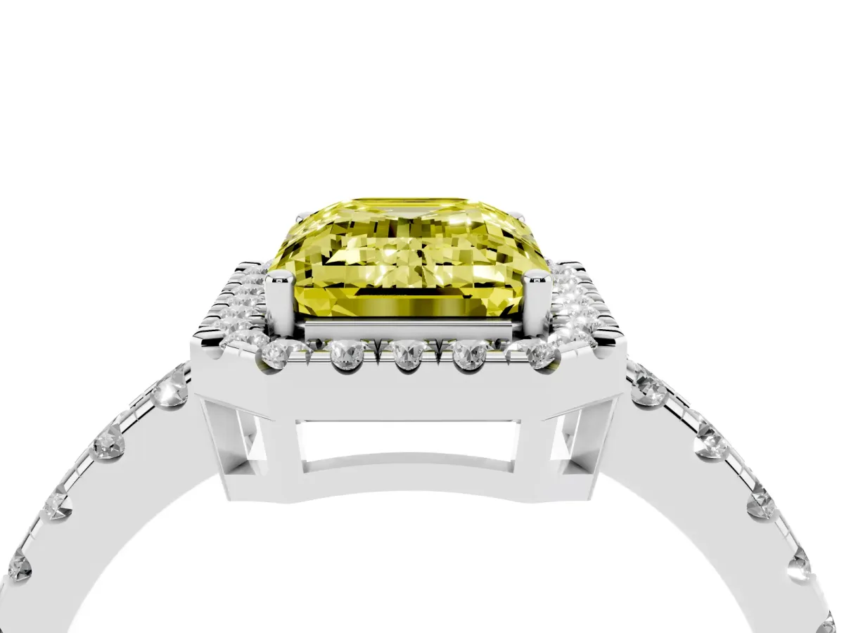 Fancy Yellow Emerald Cut Diamond Halo Ring with Pavé Band and Four-Prong Setting Platinum