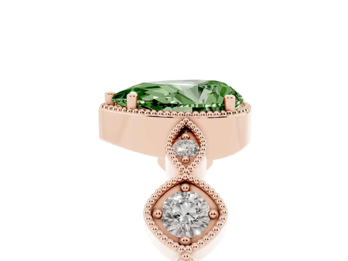 Fancy Green Pear Cut Diamond Vintage Milgrain Ring with Round Stations Rose gold