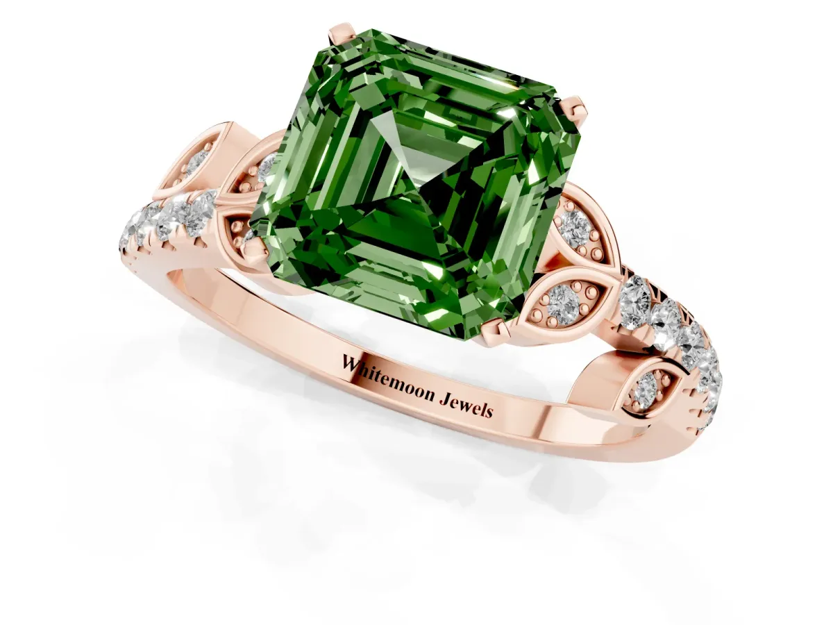 Fancy Green Asscher Cut Solitaire Leaf-Inspired Diamond Ring with Pavé Band and Four-Prong Setting Rose gold