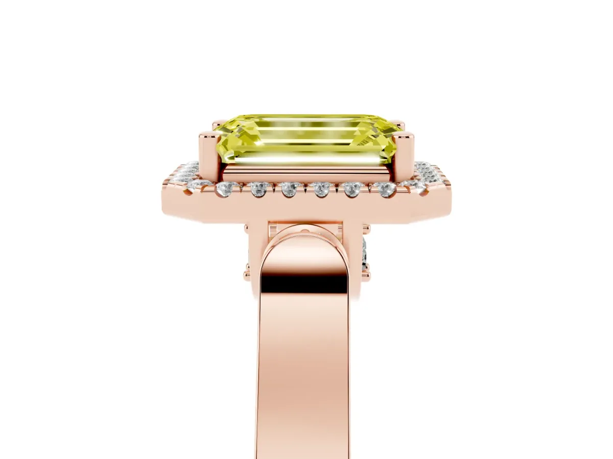 Fancy Yellow Emerald Cut Halo Round Diamond Twist Band with Four-Prong Setting Rose gold