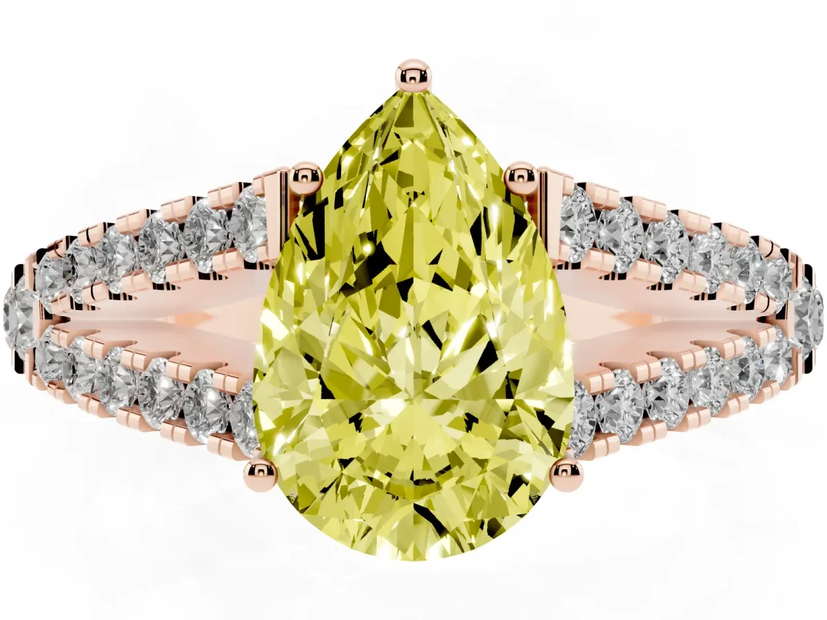 Fancy Yellow Pear Cut Diamond Split Shank Pavé Engagement Ring with Four-Prong Setting Rose gold