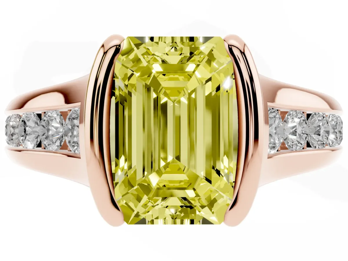 Fancy Yellow Emerald Cut Solitaire Bezel-Set Diamond Ring with Channel-Set Band Rose gold