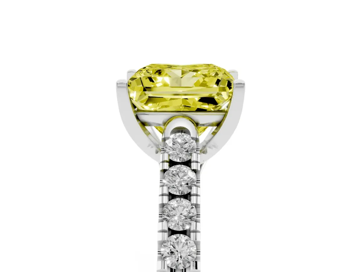 Fancy Yellow Princess Cut Diamond Pavé Band Solitaire Ring with Prong Setting Silver