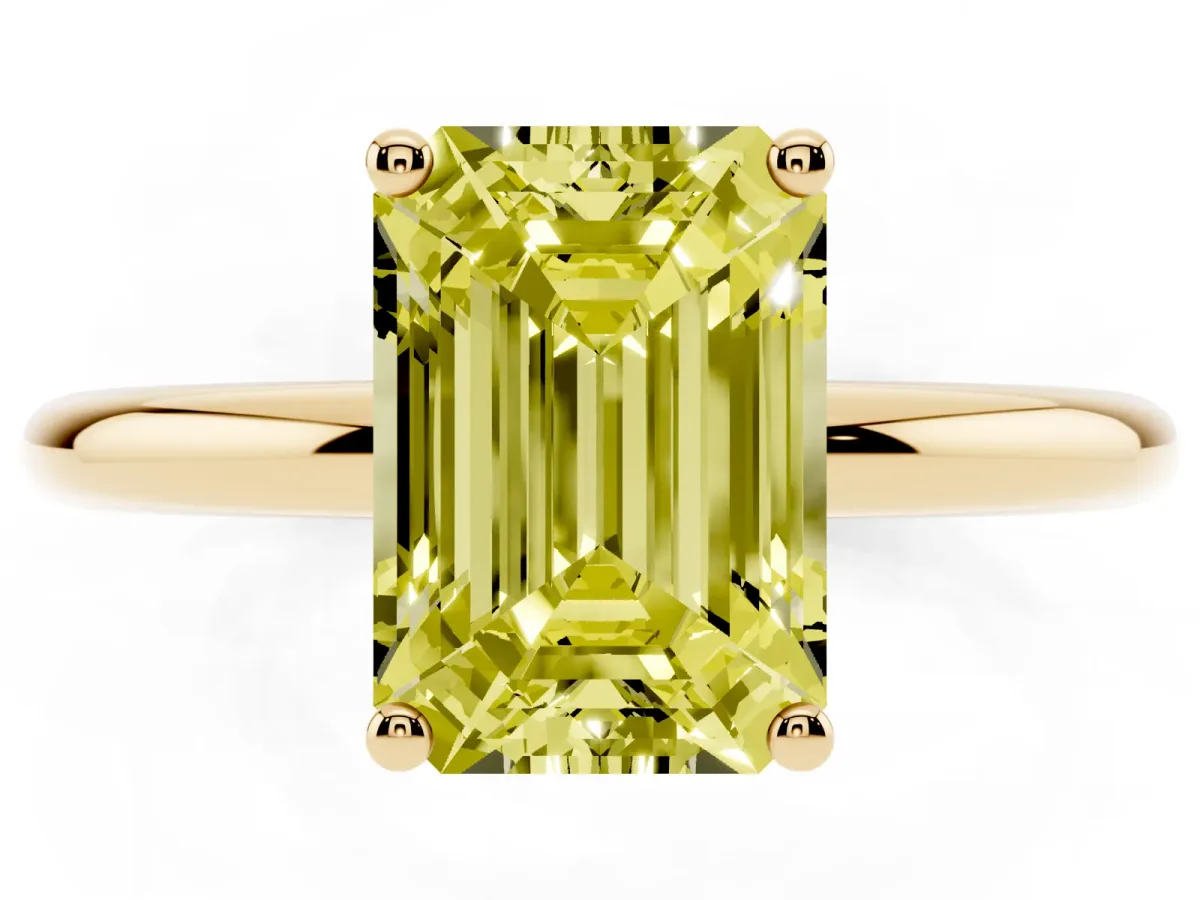Fancy Yellow Emerald Cut Cut Solitaire Engagement Ring with Four-Prong Setting and Classic Band Yellow gold