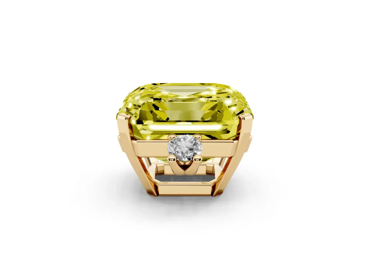 Fancy Yellow Asscher Cut Cut Three-Stone Solitaire Ring with Round Accent Diamonds and Four-Prong Setting Yellow gold