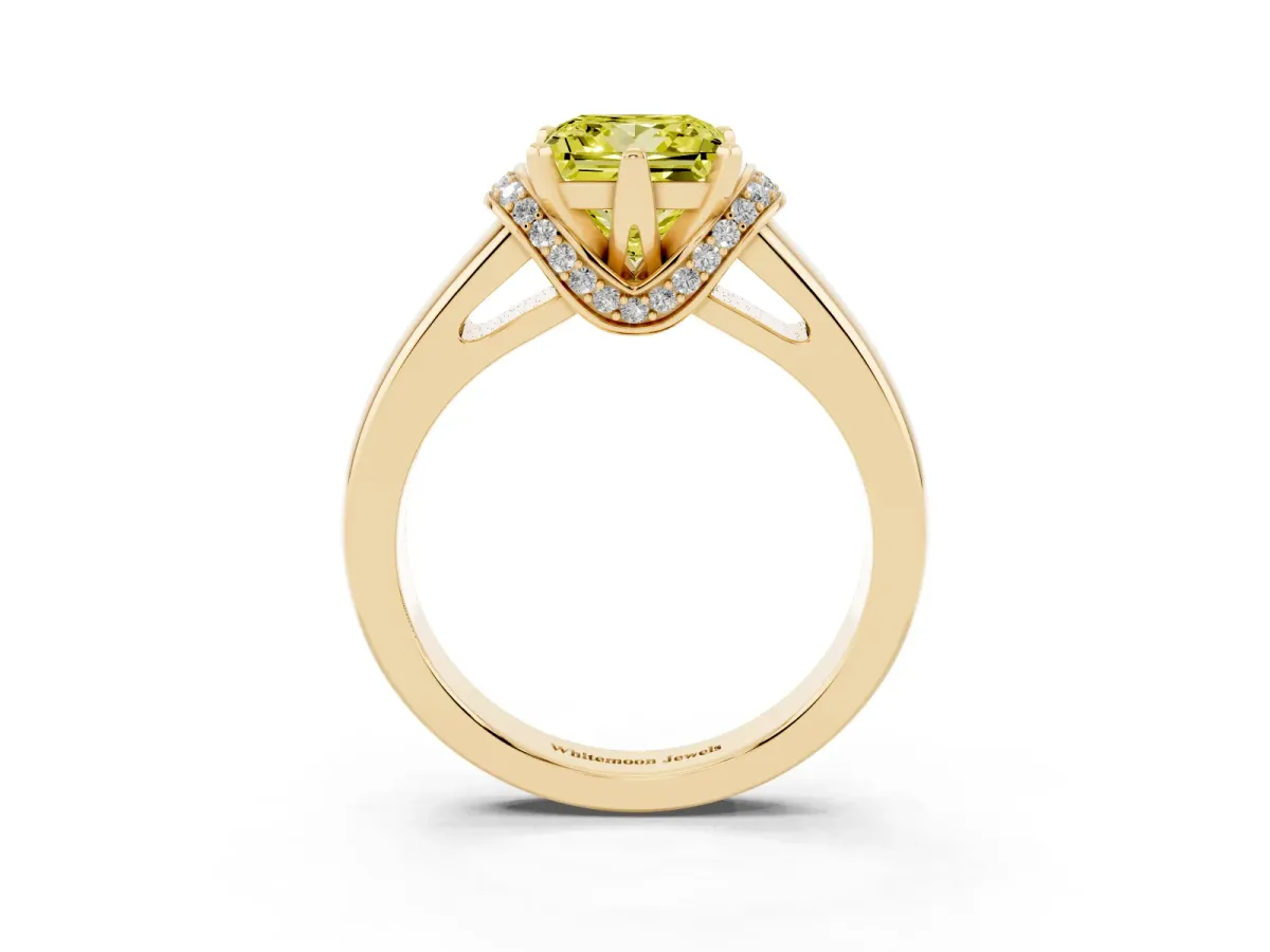 Fancy Yellow Princess Cut Solitaire Diamond Ring with Pave Band and Six-Prong Setting Yellow gold