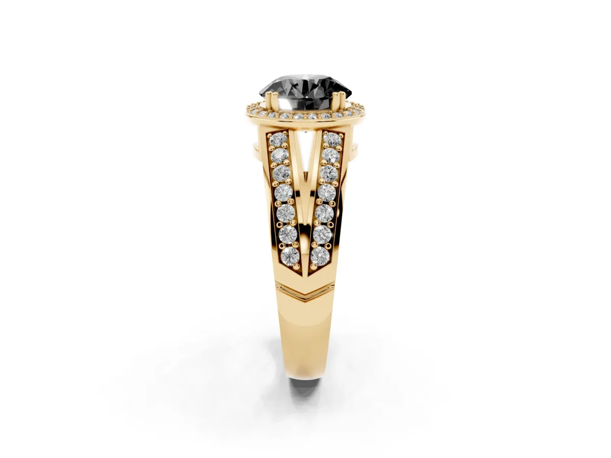 Fancy Black Round Cut Diamond Halo Ring with Split Shank Pavé Band and Four-Prong Setting Yellow gold