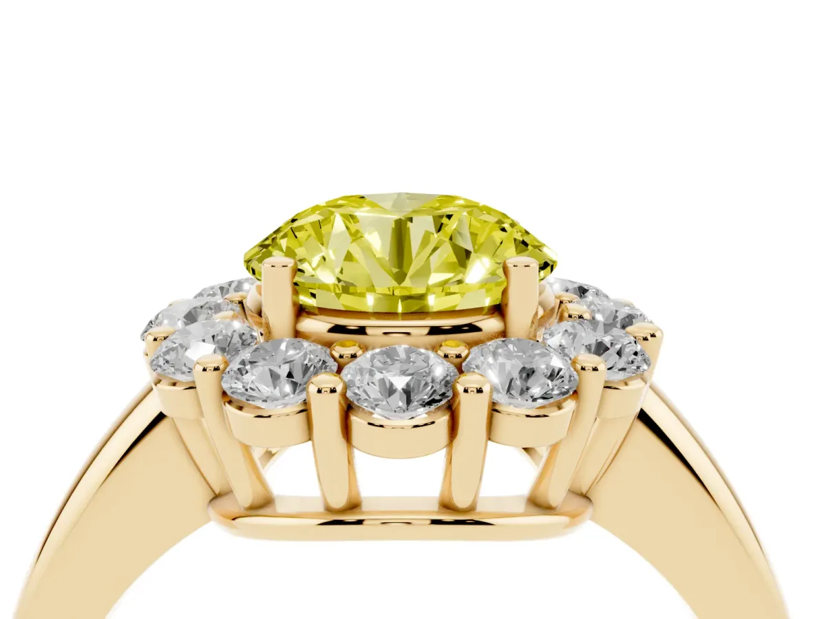 Fancy Yellow Round Cut Halo Cluster Diamond Engagement Ring with Prong Setting and Polished Band Yellow gold