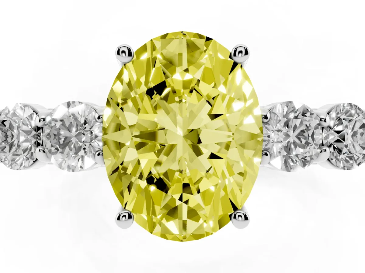 Fancy Yellow Oval Cut Cut Diamond Five-Stone Prong Set White Gold Ring Silver