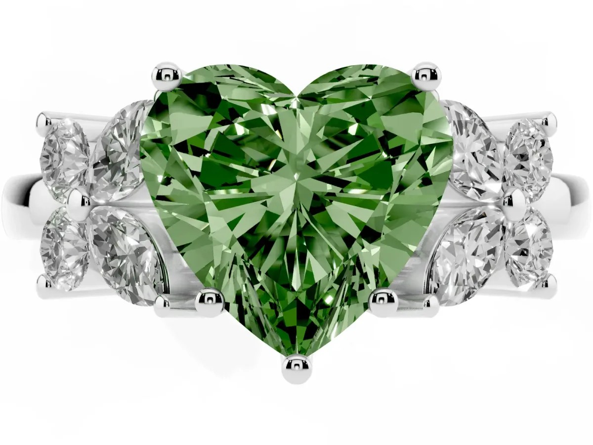 Fancy Green Heart Cut Diamond Floral Cluster Ring with Solitaire Band and Prong Setting Platinum