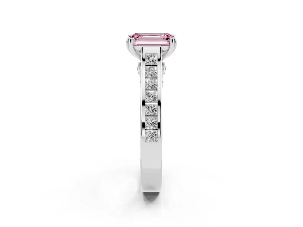 Fancy Pink Emerald Cut Cut Channel Set Solitaire Engagement Ring with Prong Setting Silver