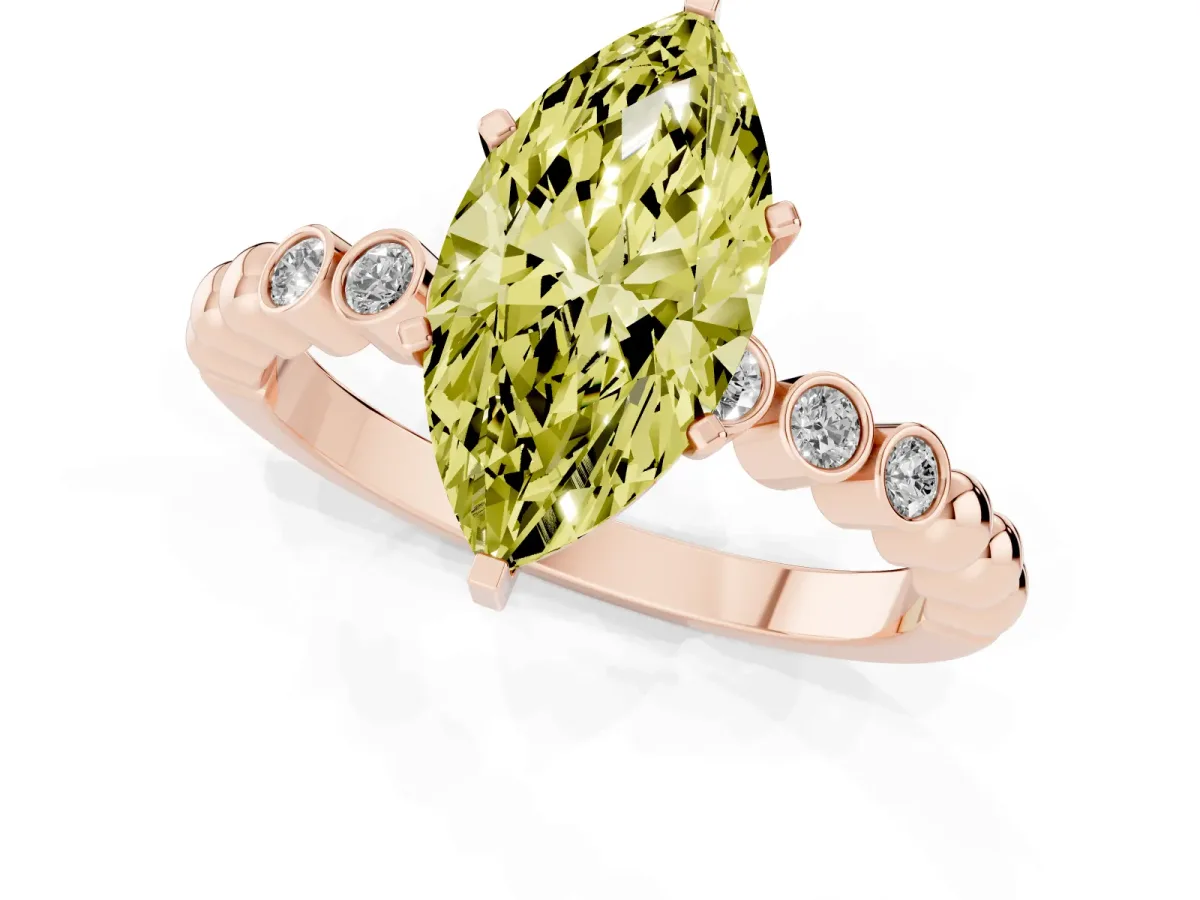 Fancy Yellow Marquise Cut Solitaire Bezel Accent Diamond Engagement Ring with Beaded Band and Four-Prong Setting Rose gold