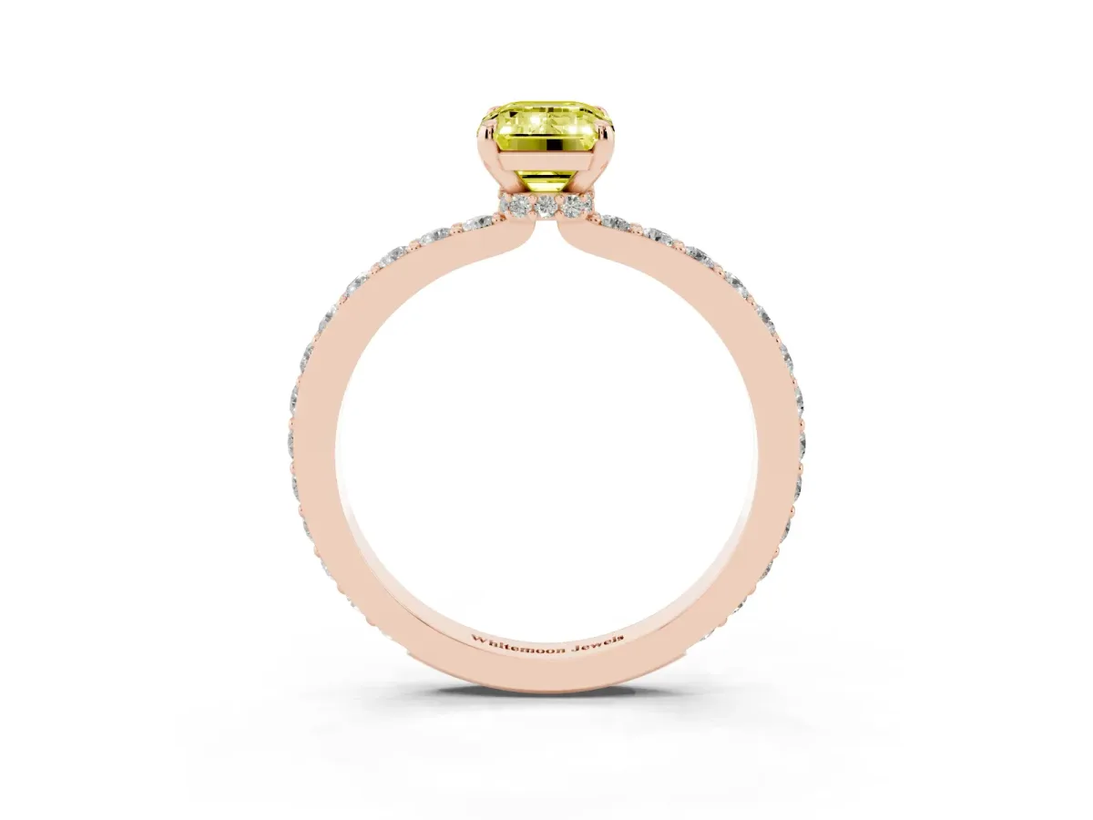 Fancy Yellow Emerald Cut Diamond Pavé Engagement Ring with Round Accents and Prong Setting Rose gold