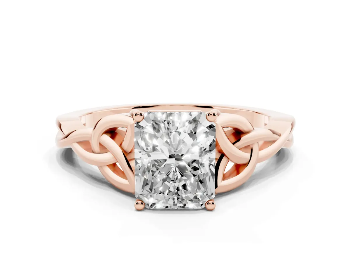 Radiant Cut Diamond Solitaire Engagement Ring with Celtic Knot Band and Four-Prong Setting Rose gold