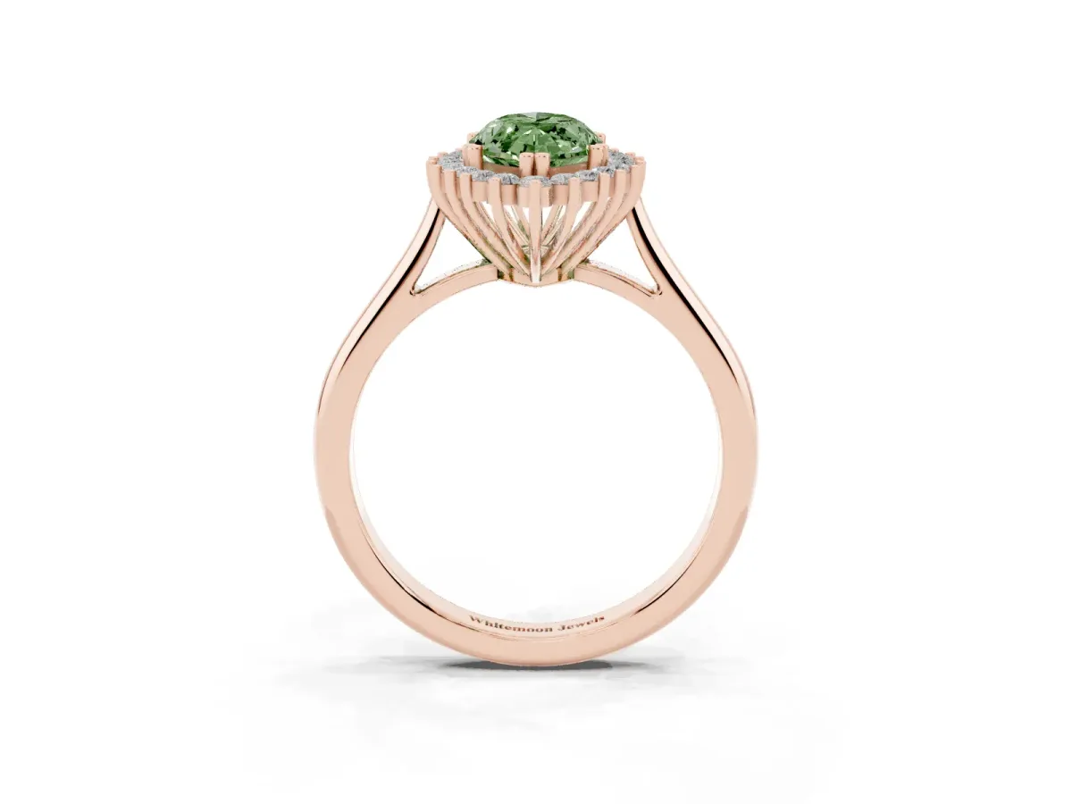 Fancy Green Marquise Cut Cut Diamond Halo Ring with Solitaire Band and Prong Setting Rose gold