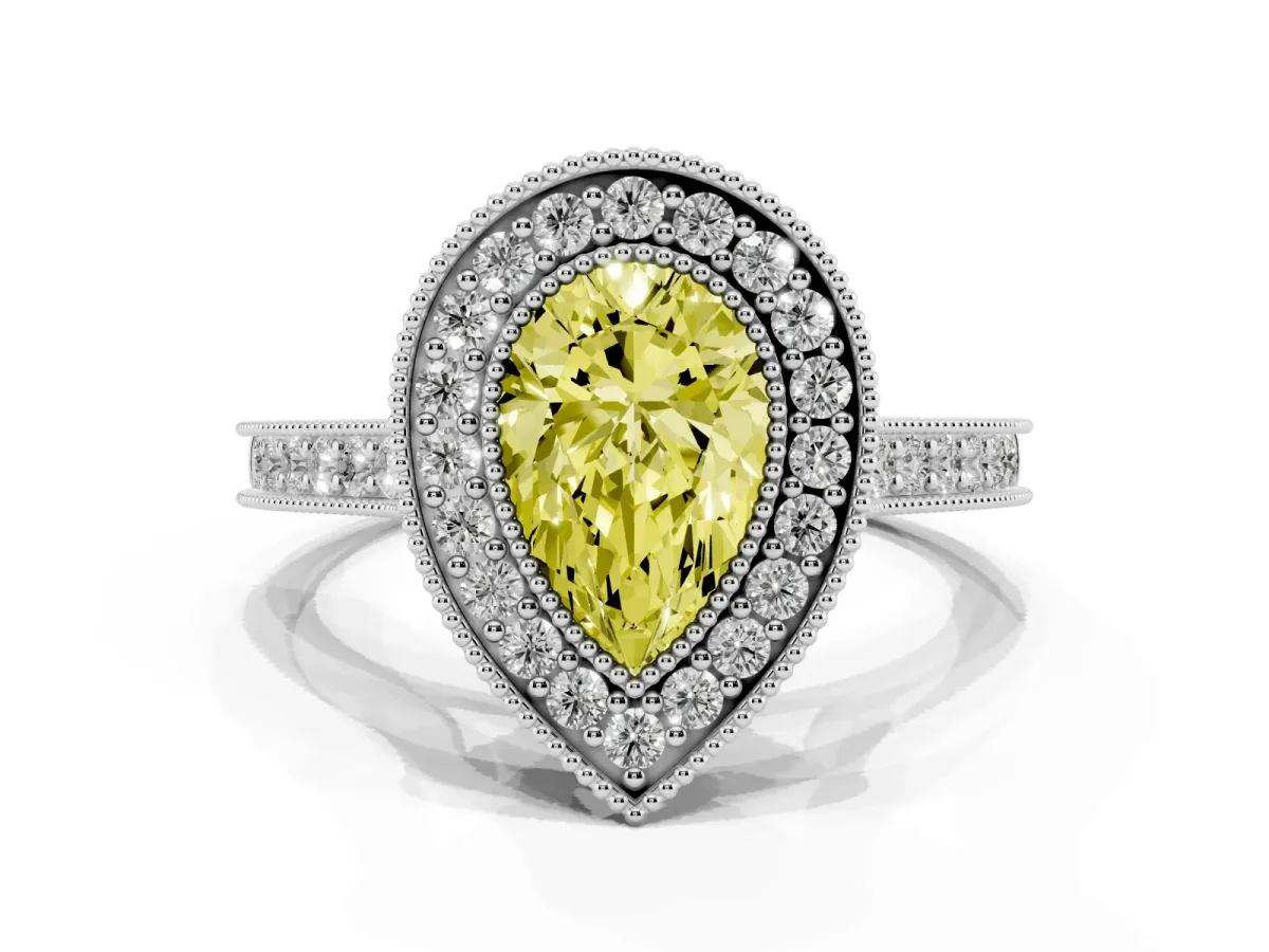 Fancy Yellow Halo Pear Cut-Cut Diamond Pave Band Milgrain Prong Setting Ring Platinum