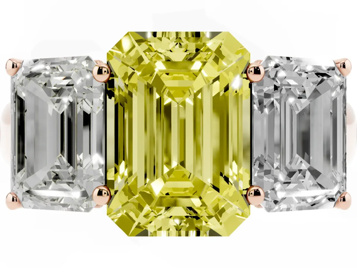 Fancy Yellow Emerald Cut Three-Stone Diamond Ring with Prong Setting on a Classic Band Rose gold