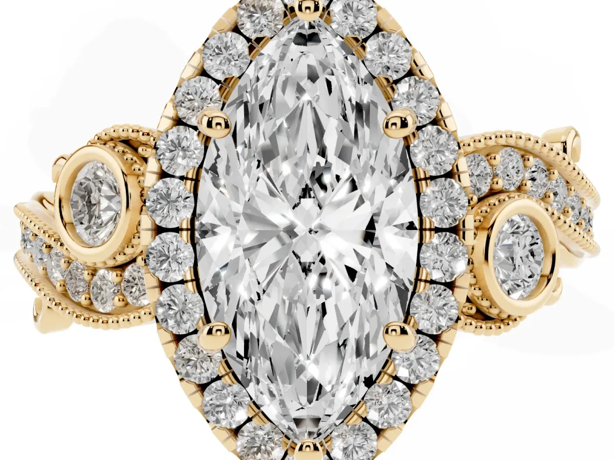 Marquise Cut Halo Diamond Ring with Milgrain and Bezel Accents on a Split Shank Band Yellow gold