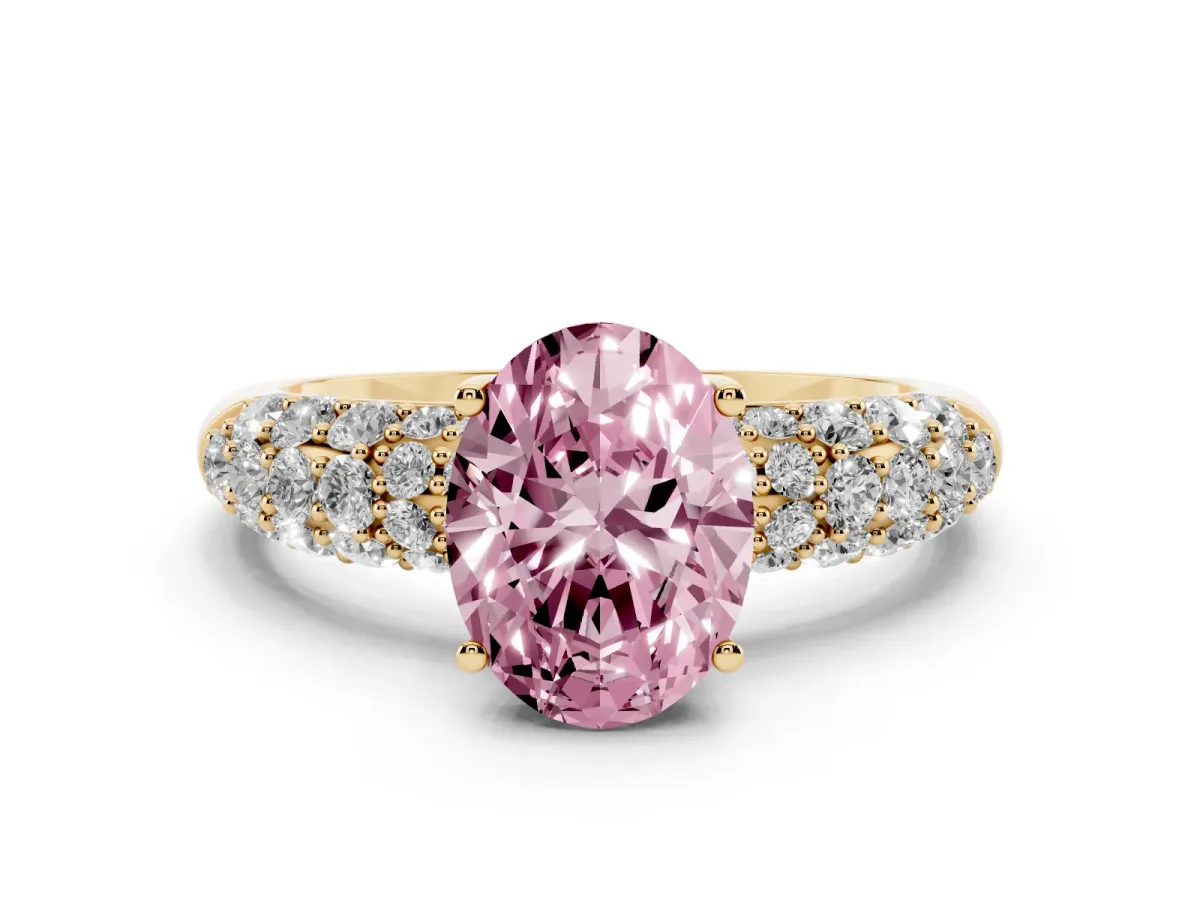 Fancy Pink Oval Cut Diamond Pavé Band Solitaire Ring with Four-Prong Setting Yellow gold