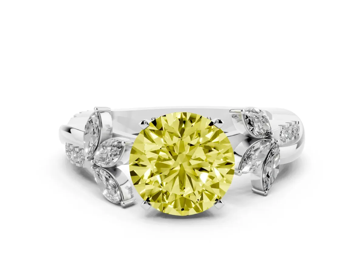 Fancy Yellow Round Cut Diamond Floral Vine Solitaire Engagement Ring Silver