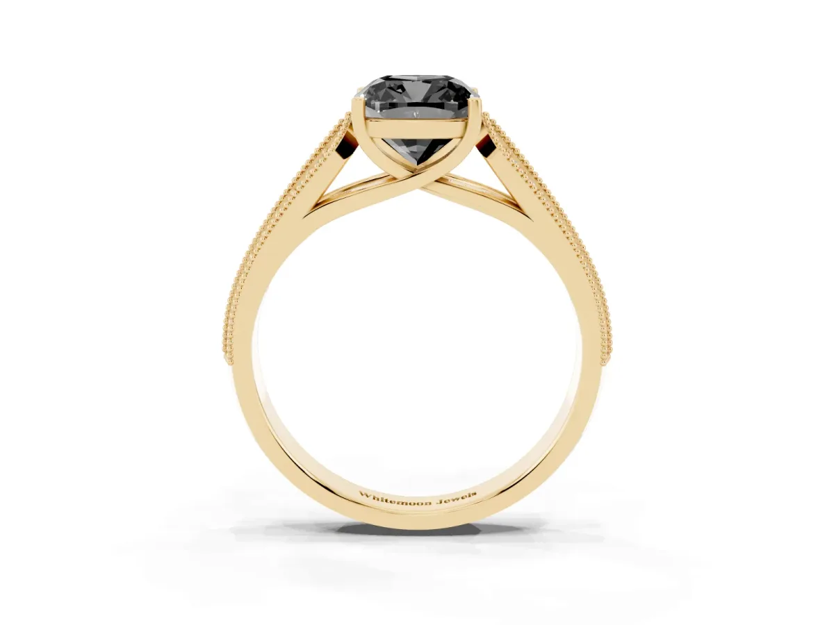 Fancy Black Cushion Cut Cut Pave Split Shank Engagement Ring with Four-Prong Setting Yellow gold