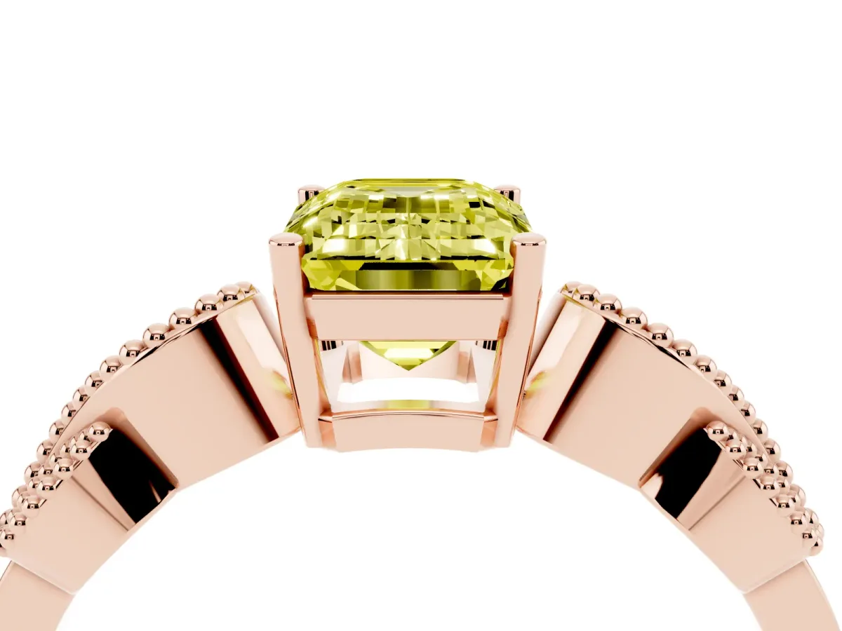 Fancy Yellow Emerald Cut Solitaire Milgrain Leaf Band with Prong Setting Rose gold
