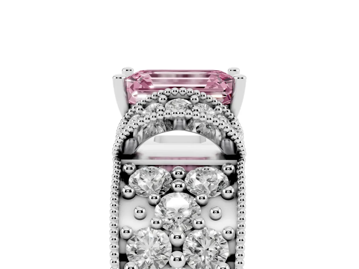 Fancy Pink Emerald Cut Halo Pave Diamond Engagement Ring with Milgrain Detailing Silver