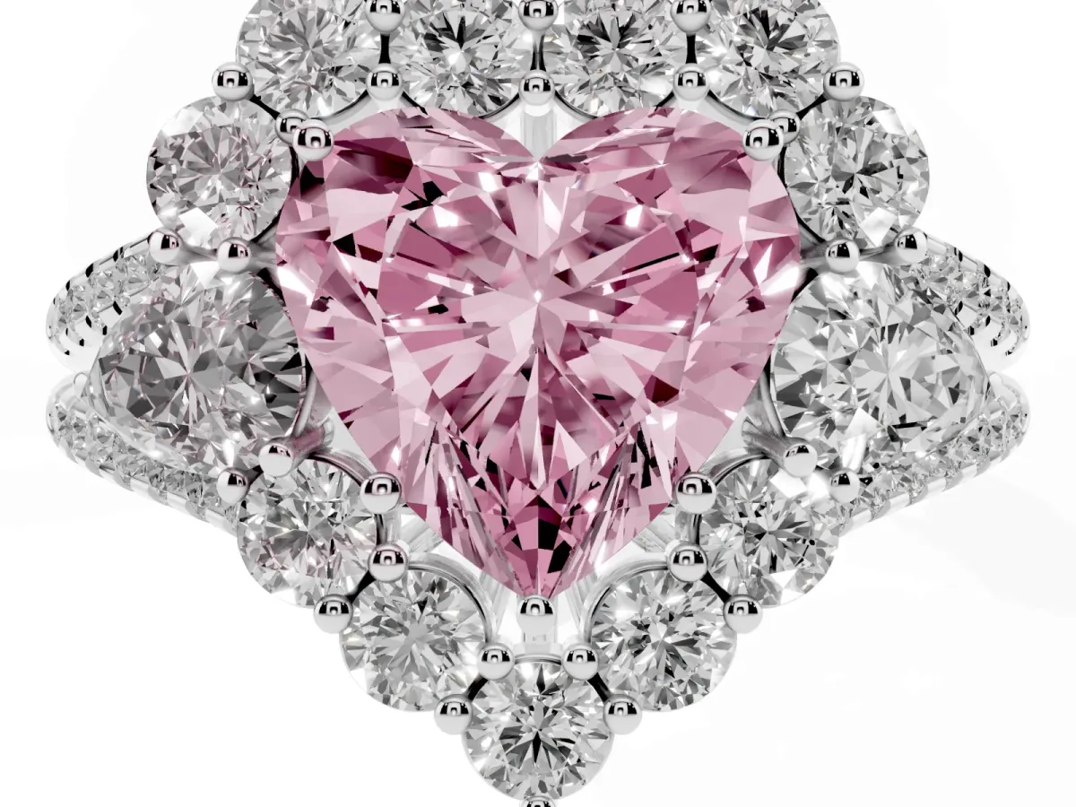 Fancy Pink Heart Cut Halo Split Shank Diamond Engagement Ring with Prong Setting Silver