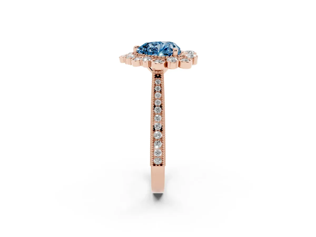 Fancy Blue Heart Cut Halo Milgrain Pave Diamond Ring with Four-Prong Setting Rose gold