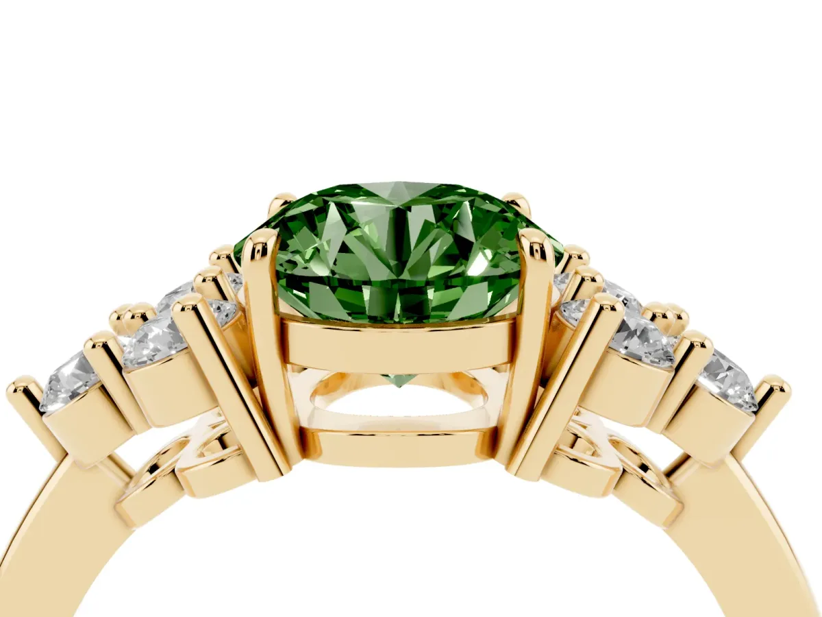 Fancy Green Round Cut Brilliant Diamond Cluster Accent Solitaire Ring with Prong Setting Yellow gold