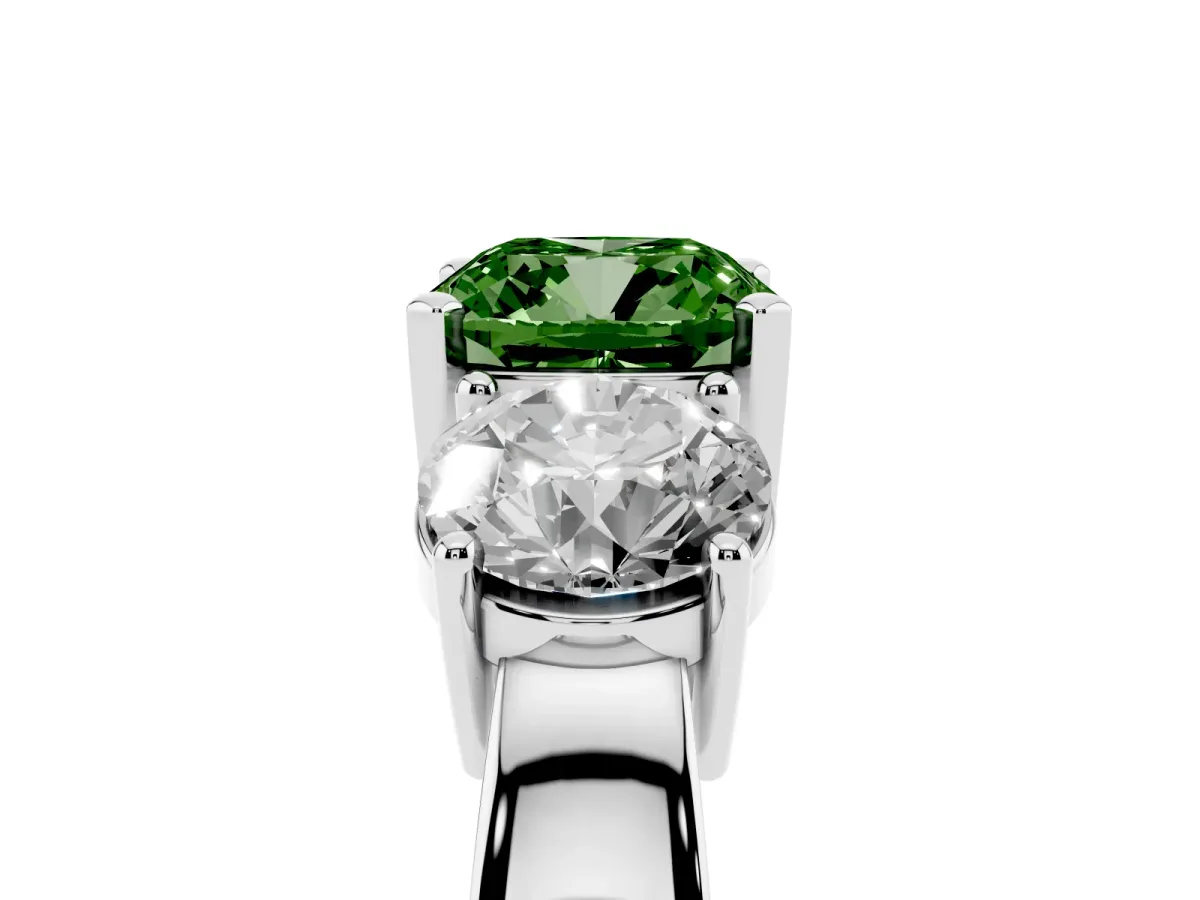 Fancy Green Three-Stone Cushion Cut Diamond Ring with Round Side Stones, Classic Band, and Four-Prong Setting Silver