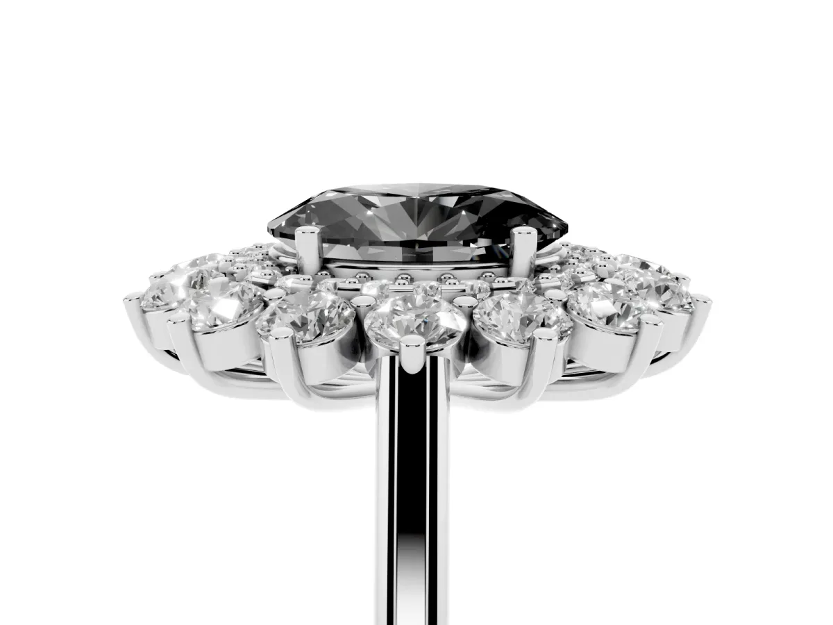 Fancy Black Oval Cut Diamond Floral Double Halo Engagement Ring with Prong Setting Platinum