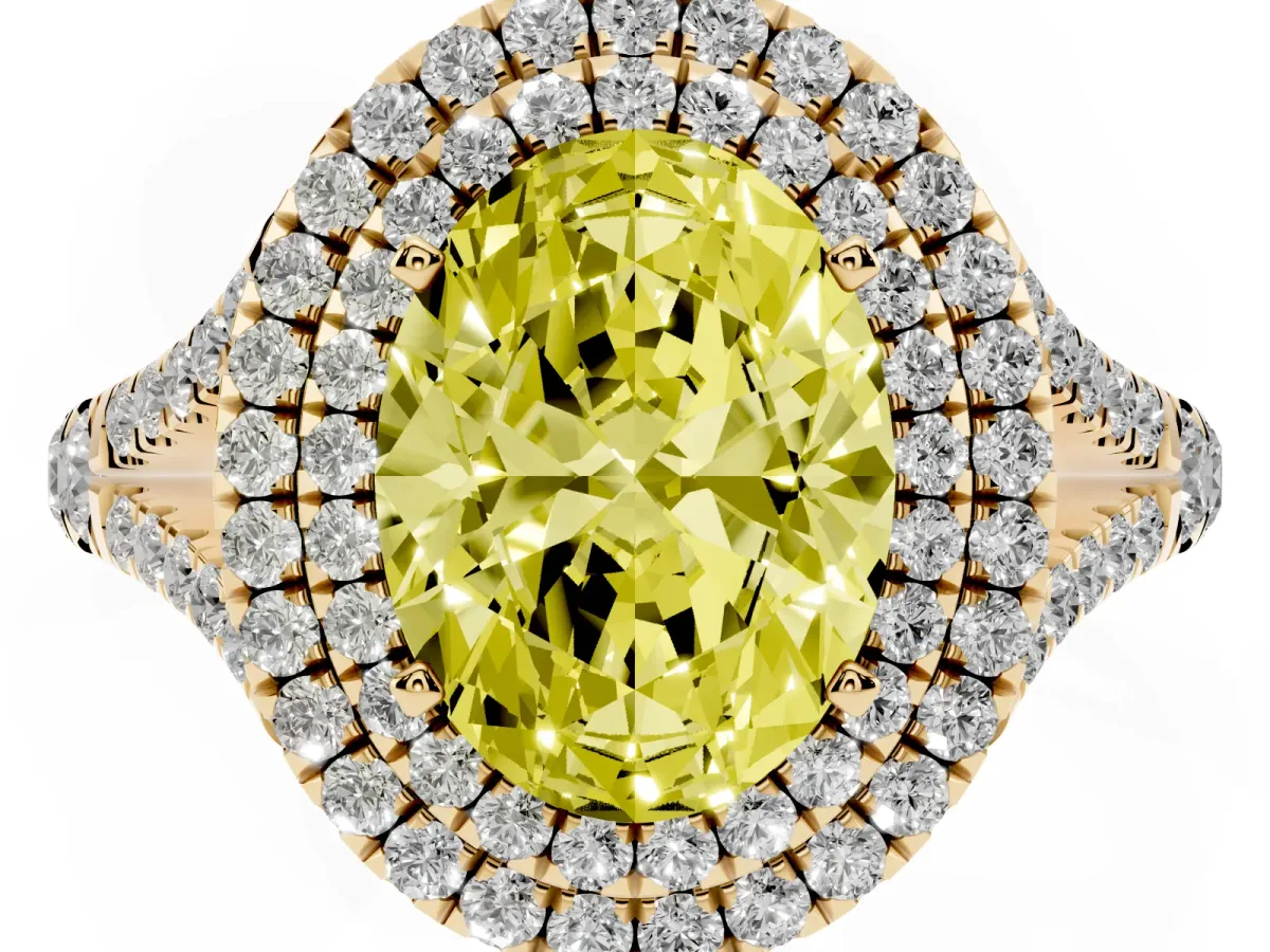 Fancy Yellow Double Halo Oval Cut Diamond Split Shank Engagement Ring with Four-Prong Setting Yellow gold