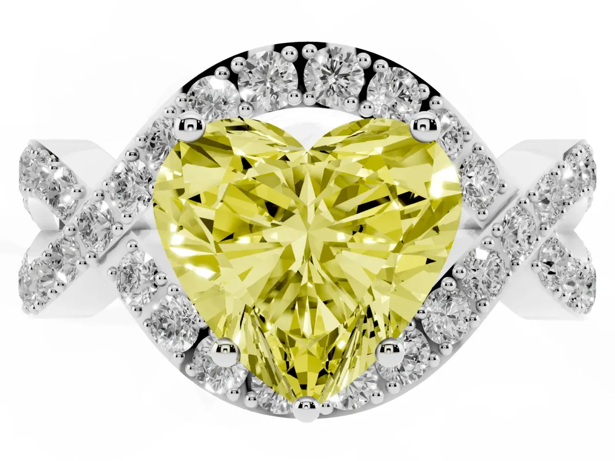 Fancy Yellow Heart Cut Solitaire Twist Band Pavé Diamond Engagement Ring Silver