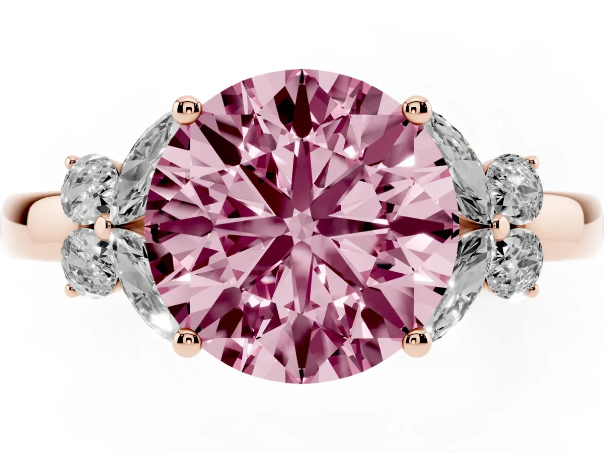 Fancy Pink Round Cut Cut Solitaire Floral Diamond Ring with Four-Prong Setting Rose gold